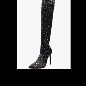 Elegant Black Rhinestone Over-the-Knee Boots